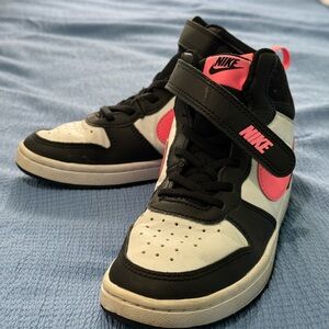 Nike Court Borough Mid 2, black, white, and pink, size 1